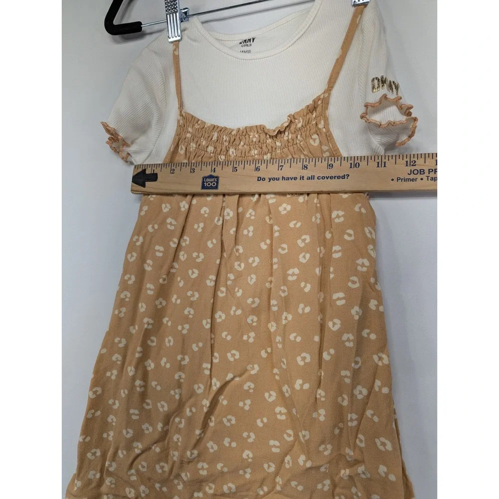 DKNY Girls 2 Piece Outfit Set White Ribbed Tee Tan Floral Print Dress Set M 8 10